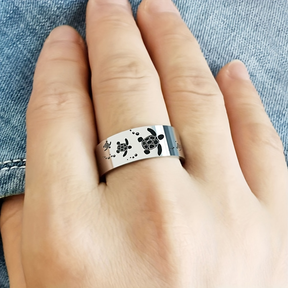 Sea Turtle Stainless Steel Ring Father's Gift Silvery 8mm Ring